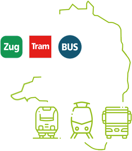 ZVON Darstellung des Verbundgebietes als Umrisskarte mit den Logos von Bus, Zug und Tram als Icon